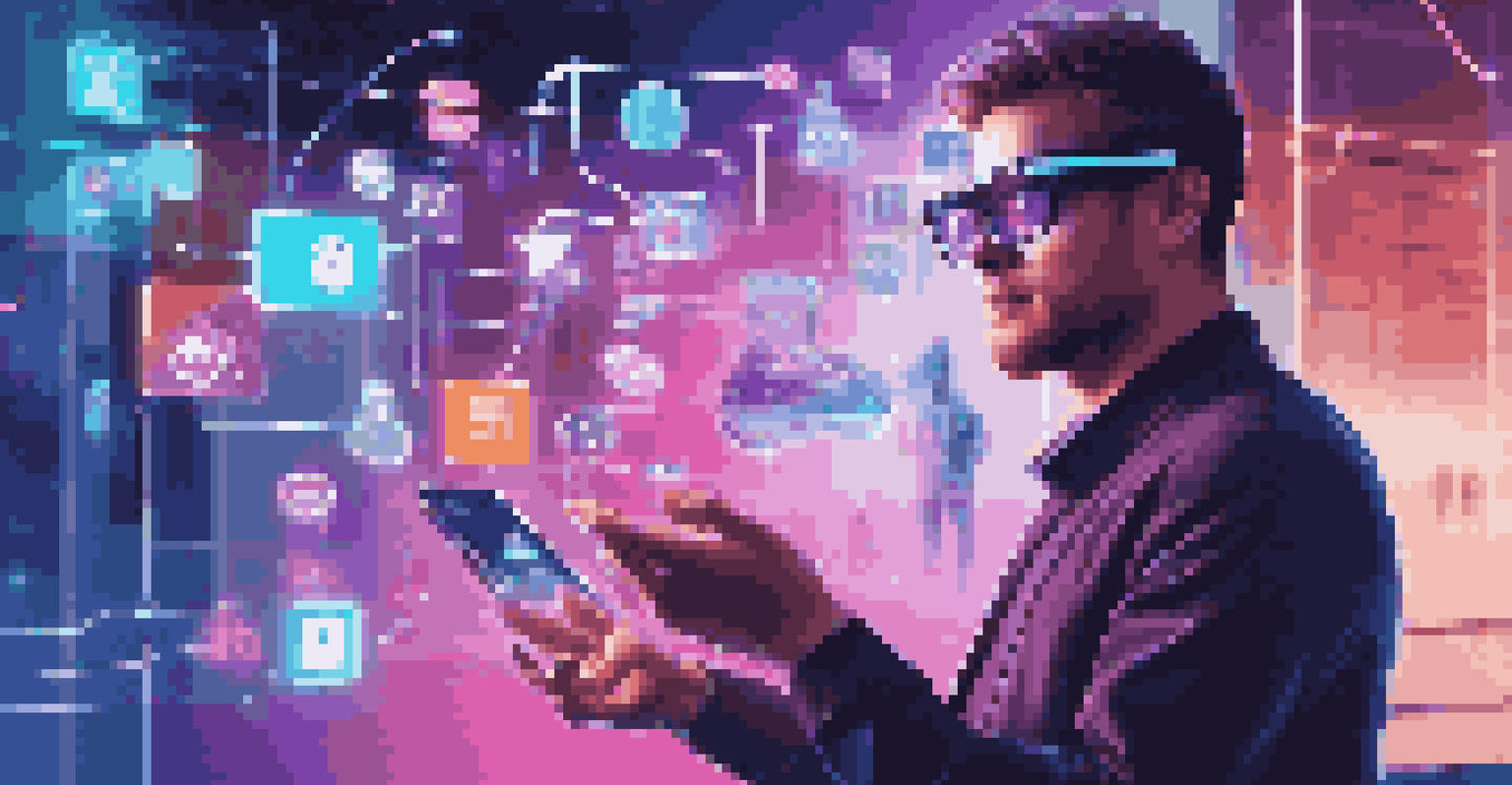 A person wearing augmented reality glasses interacting with holographic social media icons and data in a futuristic environment.