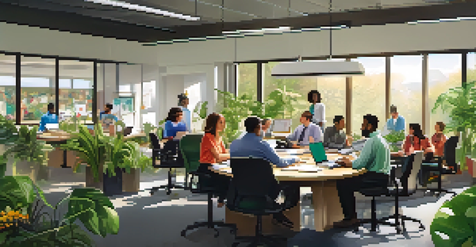 A diverse group of employees collaborating in a bright office space with plants and artwork.