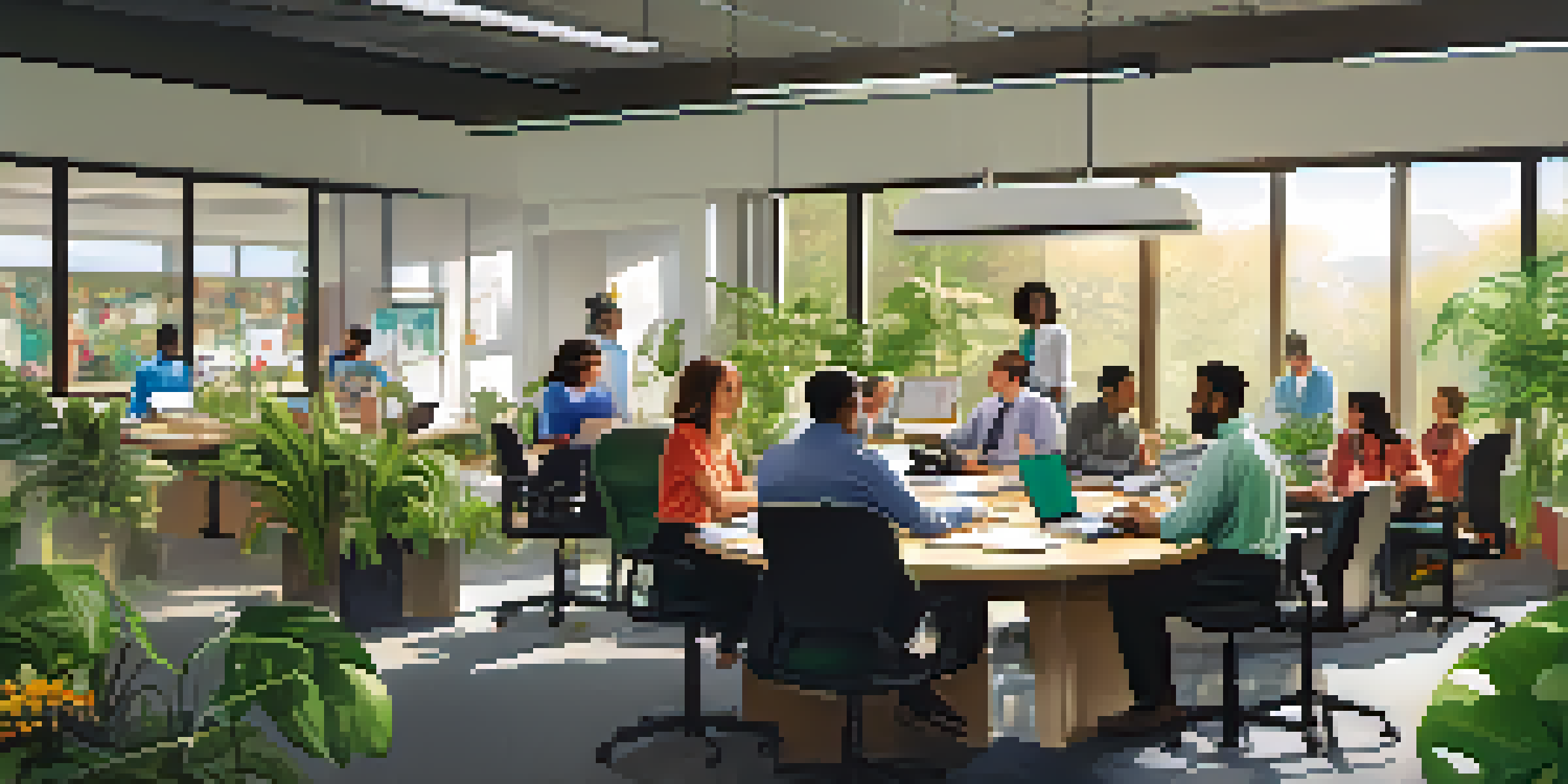 A diverse group of employees collaborating in a bright office space with plants and artwork.