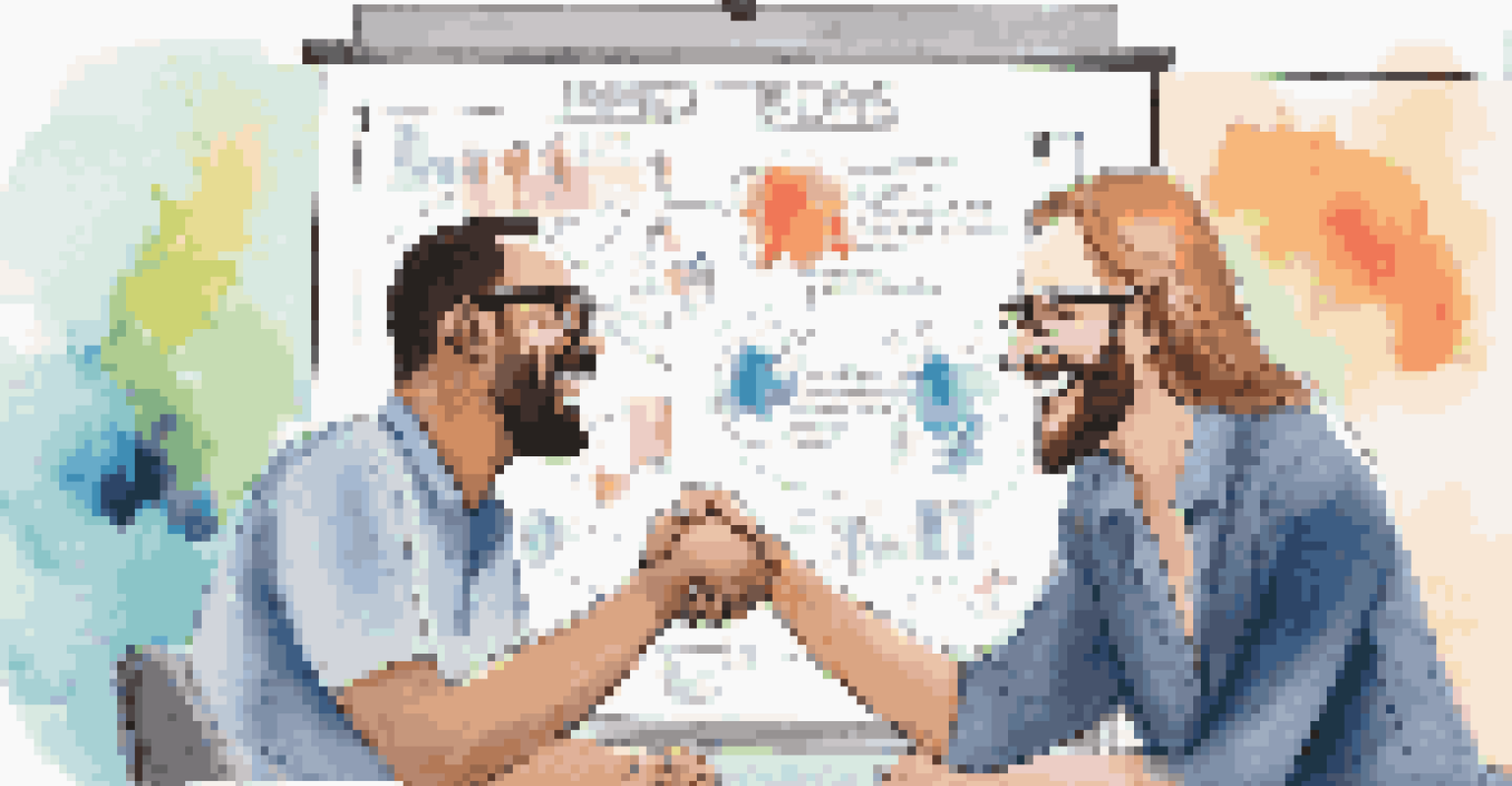 Two colleagues smiling and shaking hands in a bright office, with a whiteboard in the background displaying shared goals, symbolizing a successful negotiation.