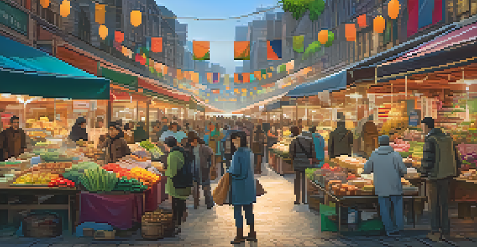 An online marketplace with various vendors showcasing their colorful products in a user-friendly digital environment.