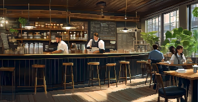 A cozy café scene where staff engages with customers to gather feedback.