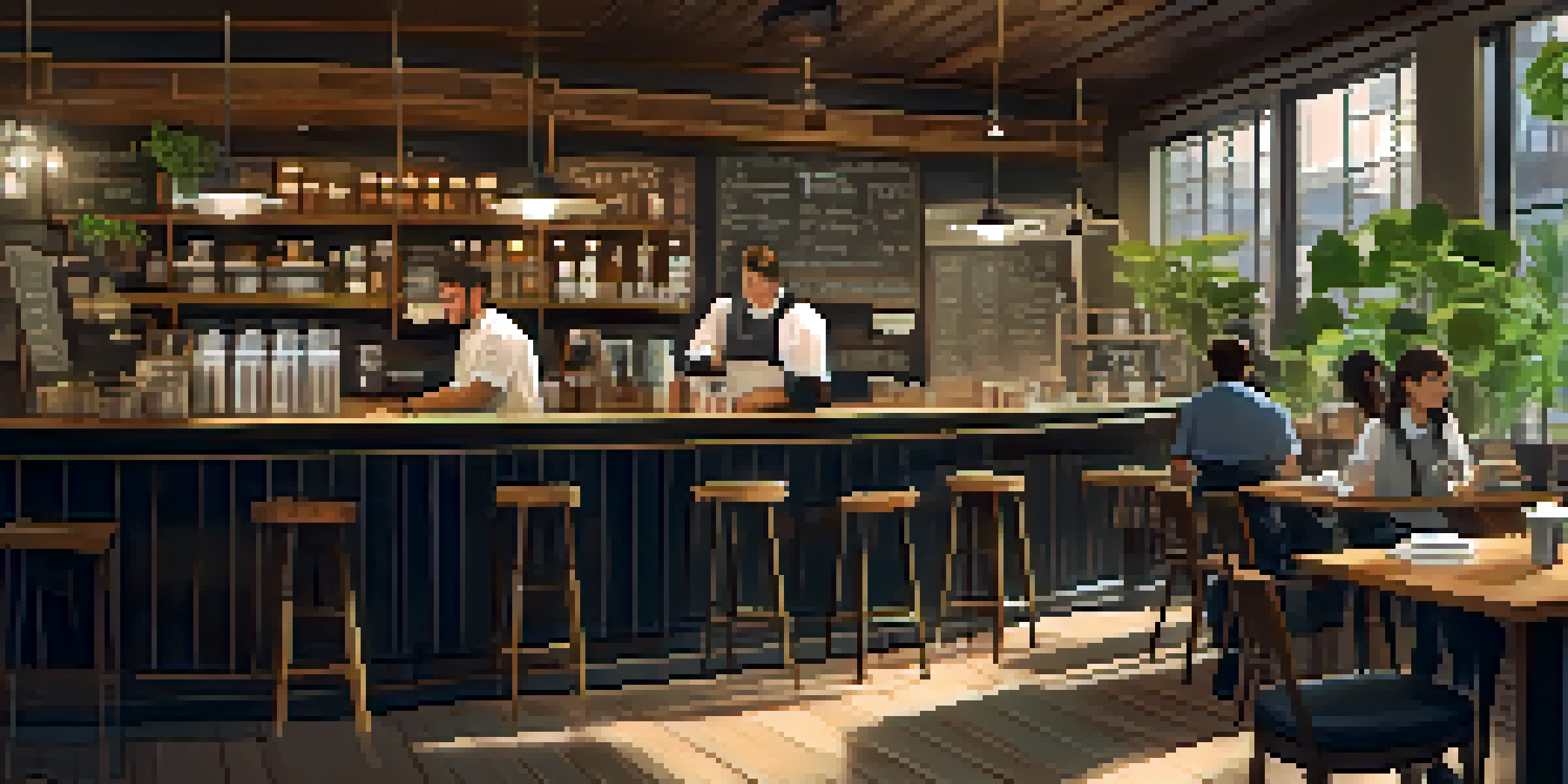 A cozy café scene where staff engages with customers to gather feedback.
