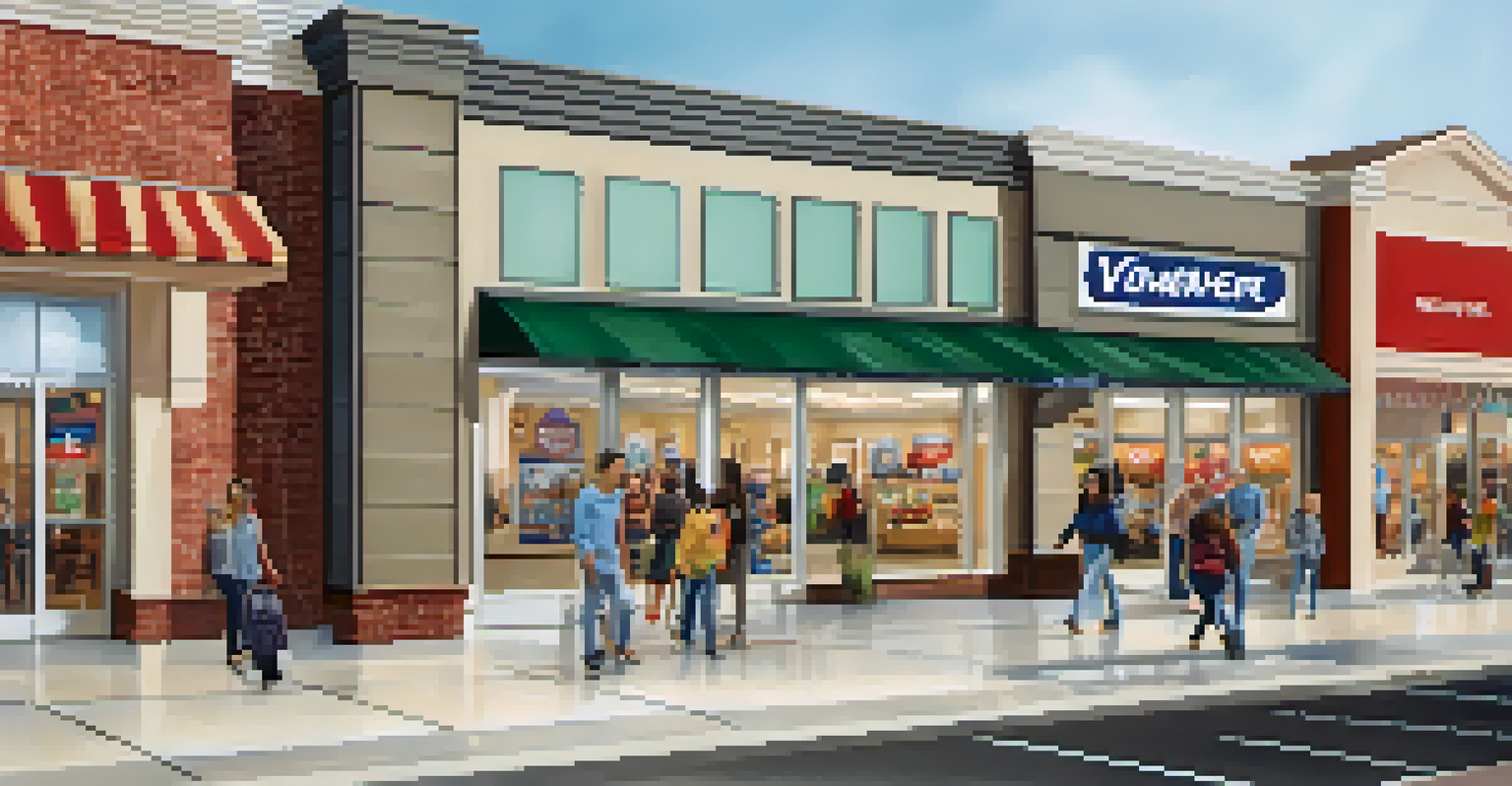 An inviting franchise storefront in a shopping center, bustling with customers and decorated with promotional banners.