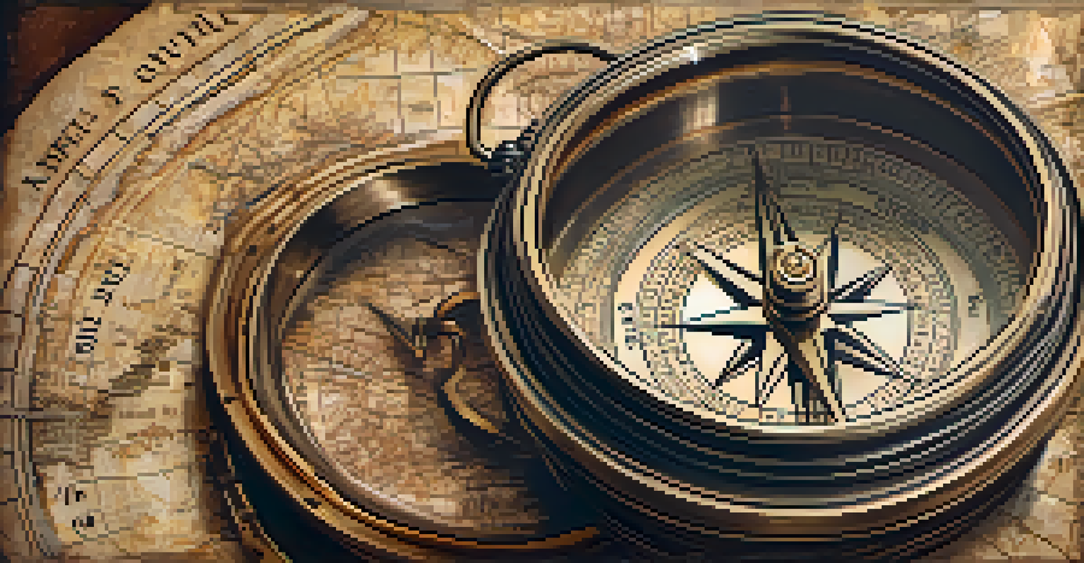 A detailed close-up of a vintage compass on an old map, showcasing the textures and warm tones of both.