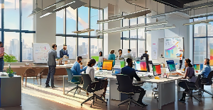 A diverse group of professionals collaborating in a bright modern office workspace, with laptops and a whiteboard in the background.
