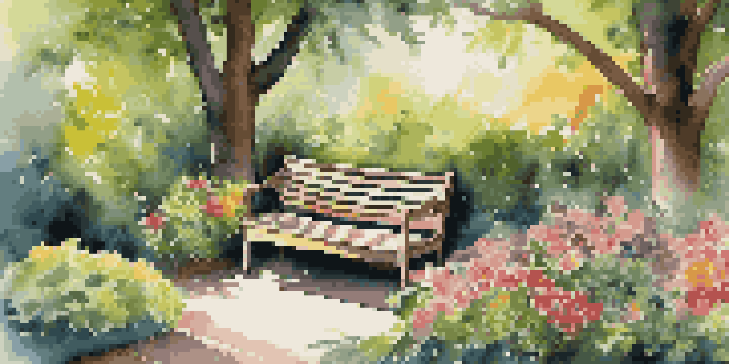A beautiful garden filled with colorful flowers and greenery, with sunlight casting shadows on a wooden bench.