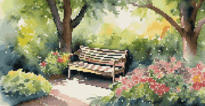 A beautiful garden filled with colorful flowers and greenery, with sunlight casting shadows on a wooden bench.