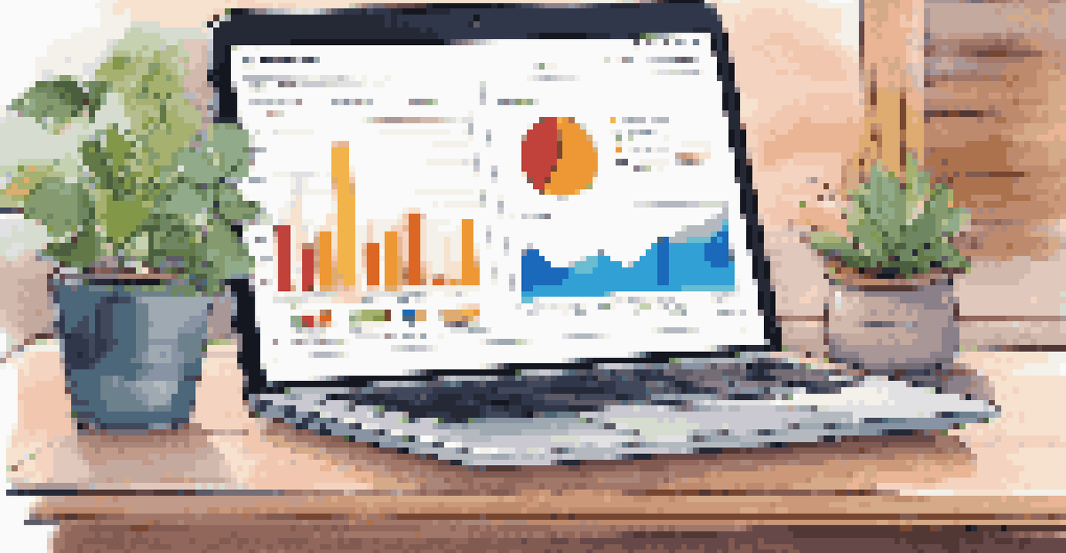A close-up of a laptop screen showing a data analytics dashboard with colorful graphs, set in a cozy workspace with a coffee cup and potted plant.