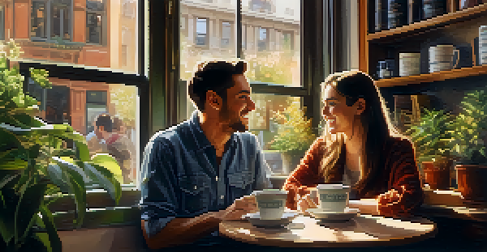 Two people having a friendly conversation in a cozy coffee shop, with warm sunlight and inviting decor.