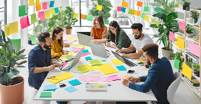 A diverse team of professionals engaged in a lively brainstorming session with colorful sticky notes and laptops on a large table.