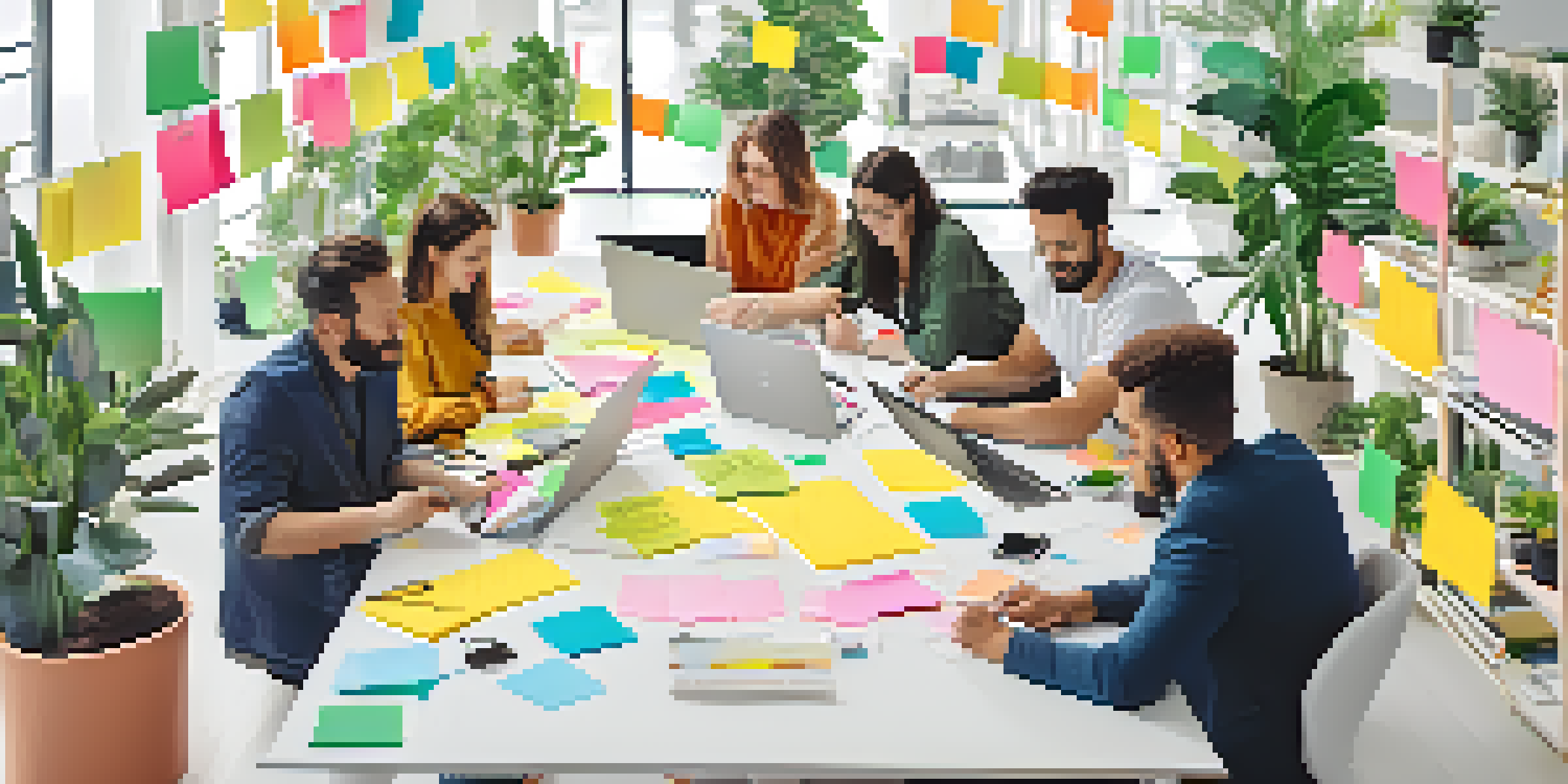 A diverse team of professionals engaged in a lively brainstorming session with colorful sticky notes and laptops on a large table.