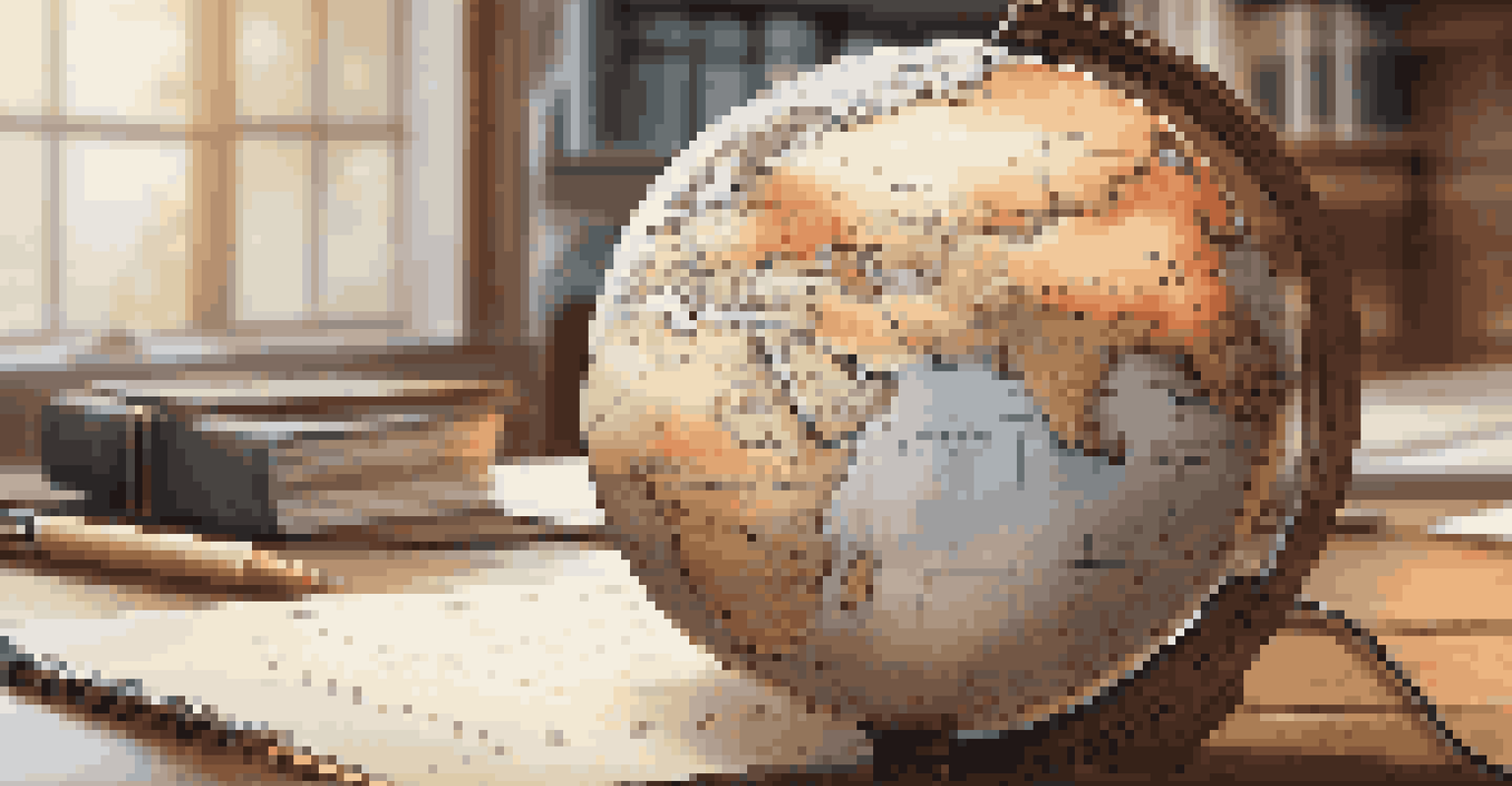 A close-up view of a globe displaying highlighted trade routes, placed on a desk with a notepad and pen, representing global business and export strategies.