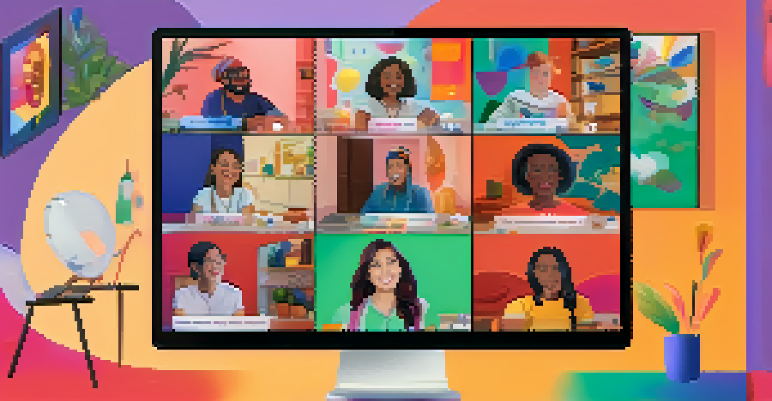 A virtual team-building session with diverse team members participating in an online game, each in their home settings.