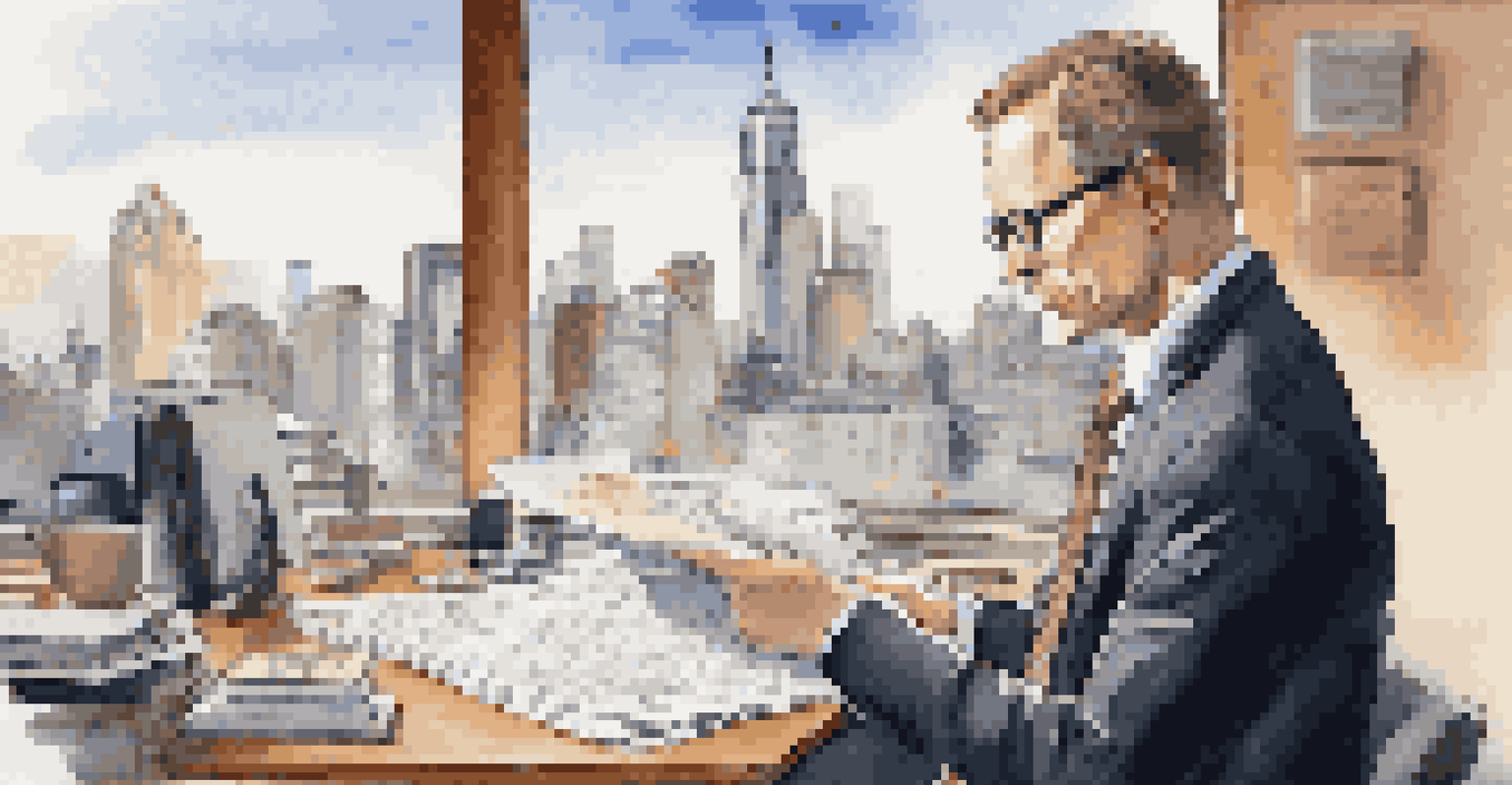 A legal expert examining IP documents at a desk with a laptop and coffee cup.