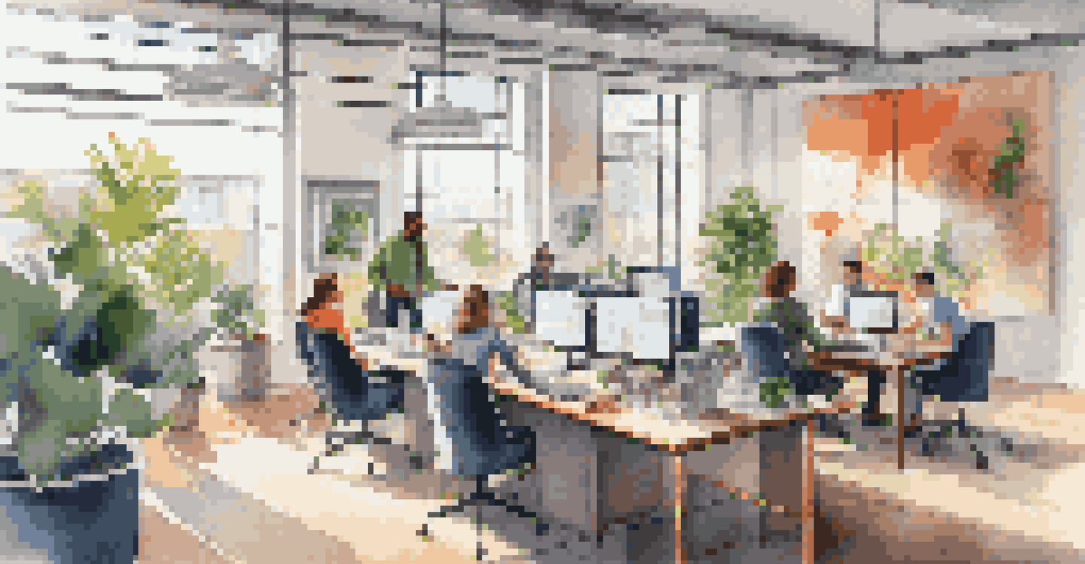A bright and modern office environment where a diverse team collaborates around a table filled with laptops and notes, surrounded by large windows.