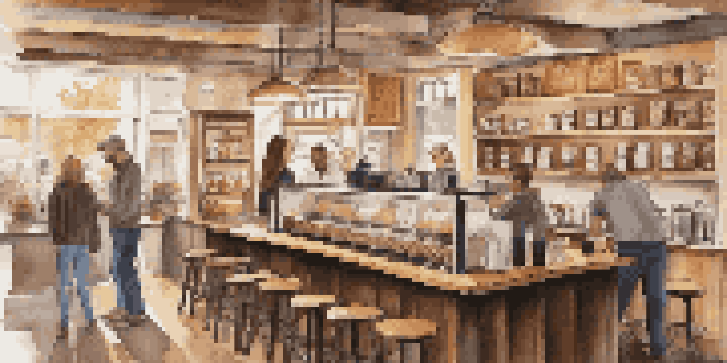 A cozy coffee shop with warm lighting and customers enjoying their drinks while a barista prepares coffee at the counter.