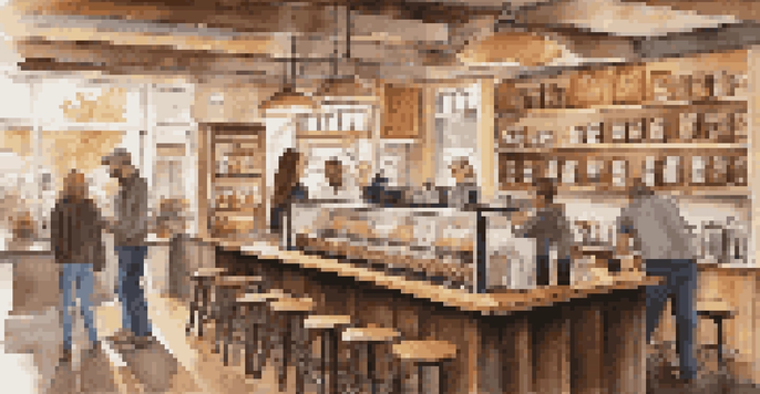 A cozy coffee shop with warm lighting and customers enjoying their drinks while a barista prepares coffee at the counter.
