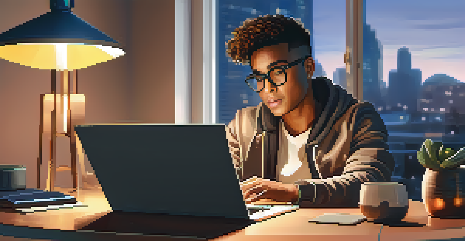 A young adult influencer reviewing a tech gadget at a stylish desk, expressing enthusiasm in a bright modern room.