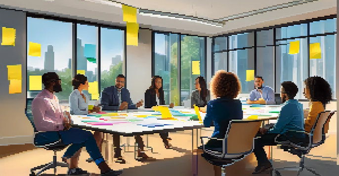 A diverse group of professionals collaborating in a conference room surrounded by colorful sticky notes.