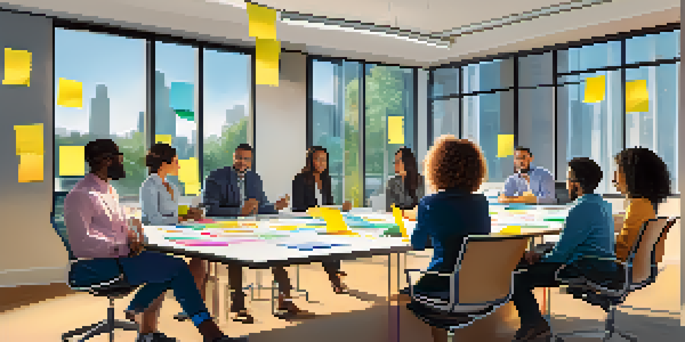 A diverse group of professionals collaborating in a conference room surrounded by colorful sticky notes.