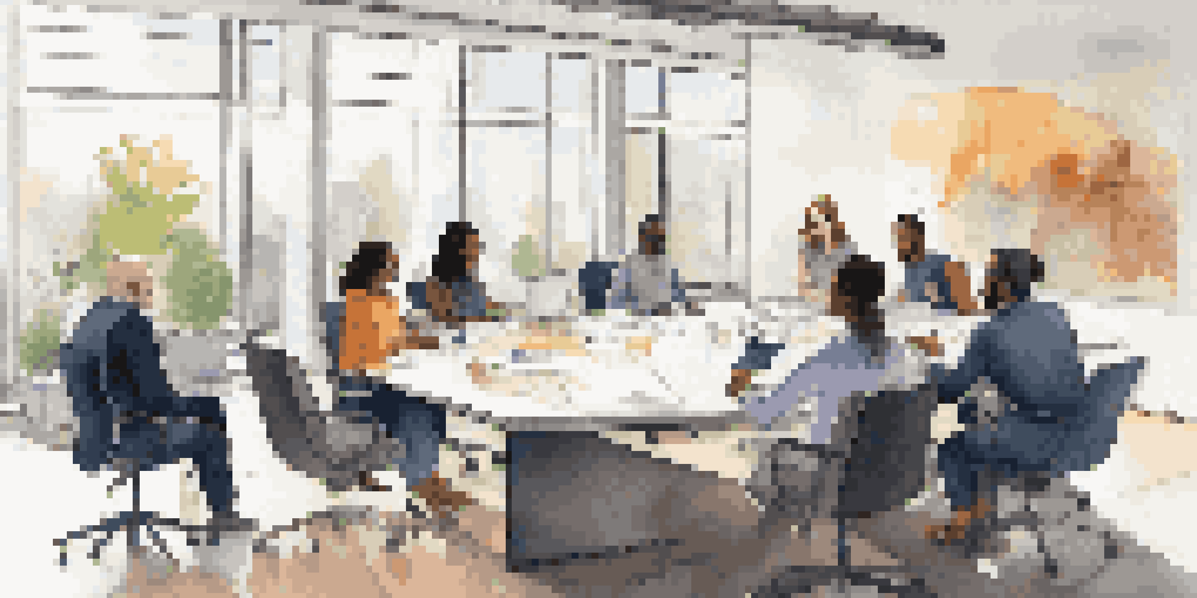 A diverse team of professionals collaborating in a bright conference room, discussing ideas and sharing perspectives.