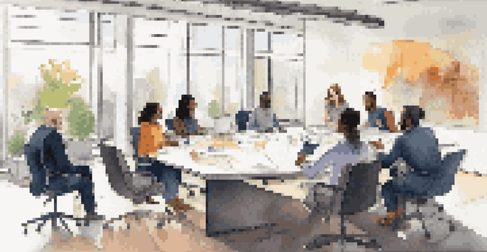 A diverse team of professionals collaborating in a bright conference room, discussing ideas and sharing perspectives.