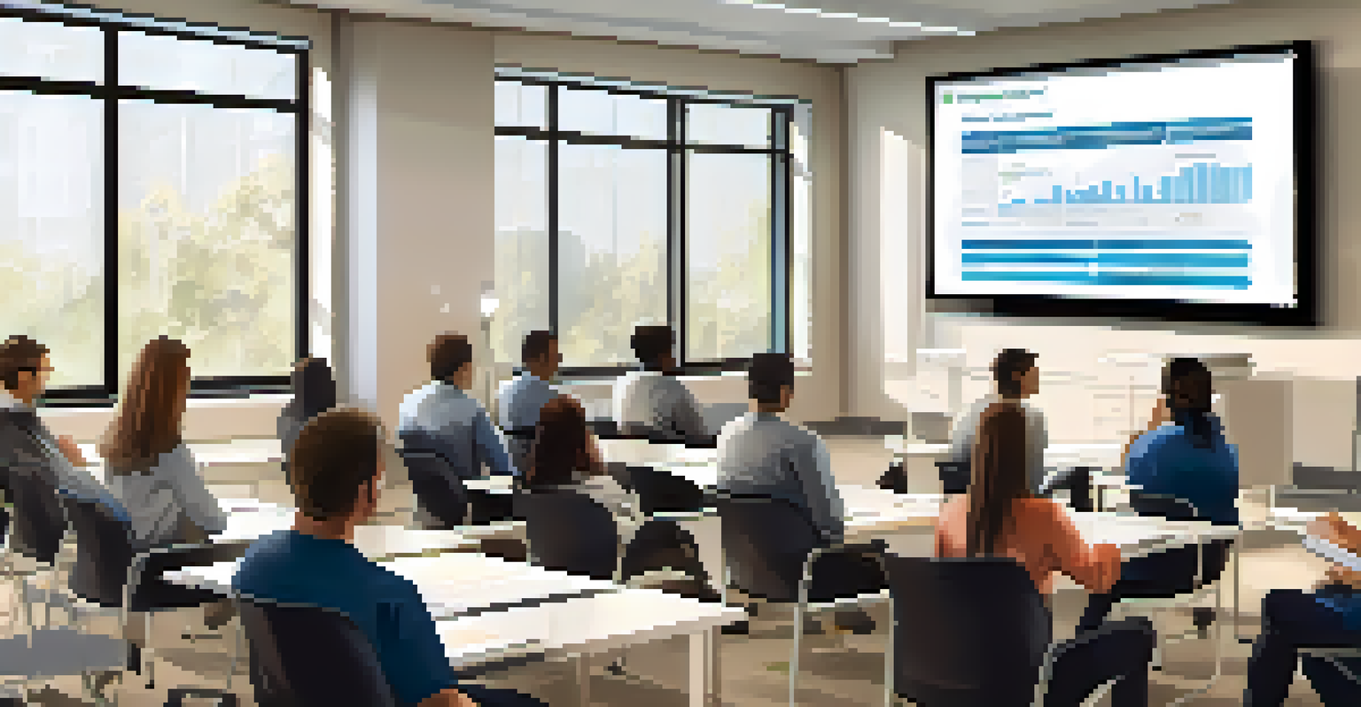 A training session in a bright conference room with a trainer and engaged employees discussing and taking notes.
