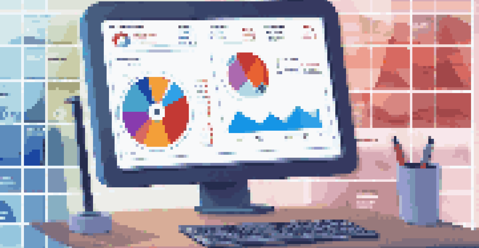 A close-up of a computer screen with business intelligence dashboards and graphs, with a hand pointing at a pie chart.