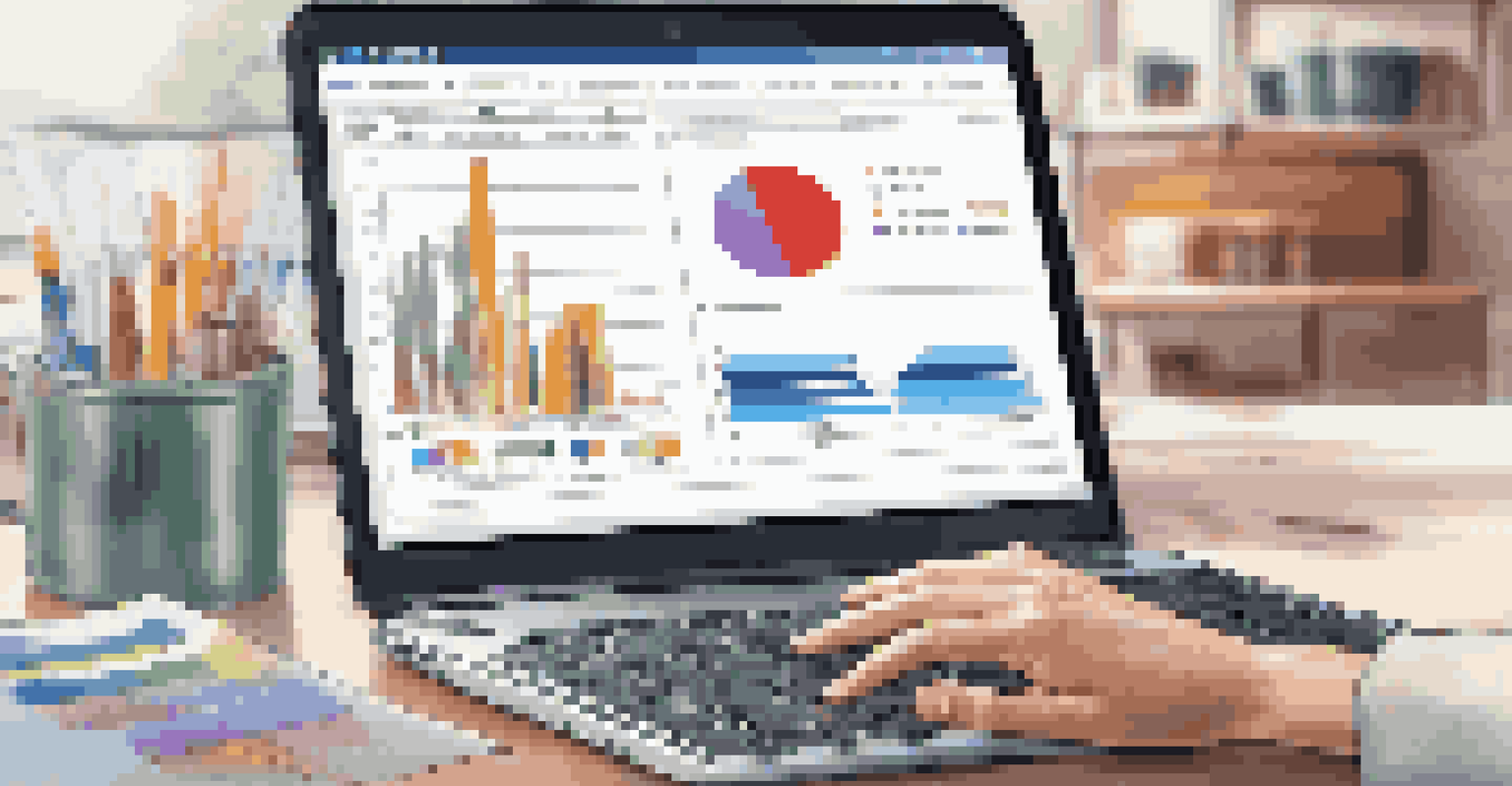A close-up view of a laptop screen displaying a marketing budget spreadsheet with graphs, and a notebook in the background.