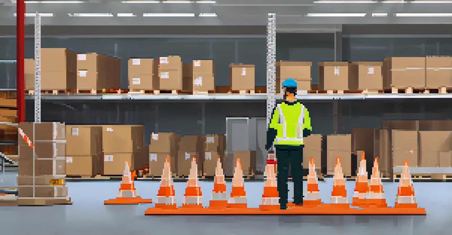 An employee in a safety vest participating in a training drill in a busy warehouse, with safety equipment and a checklist in hand.