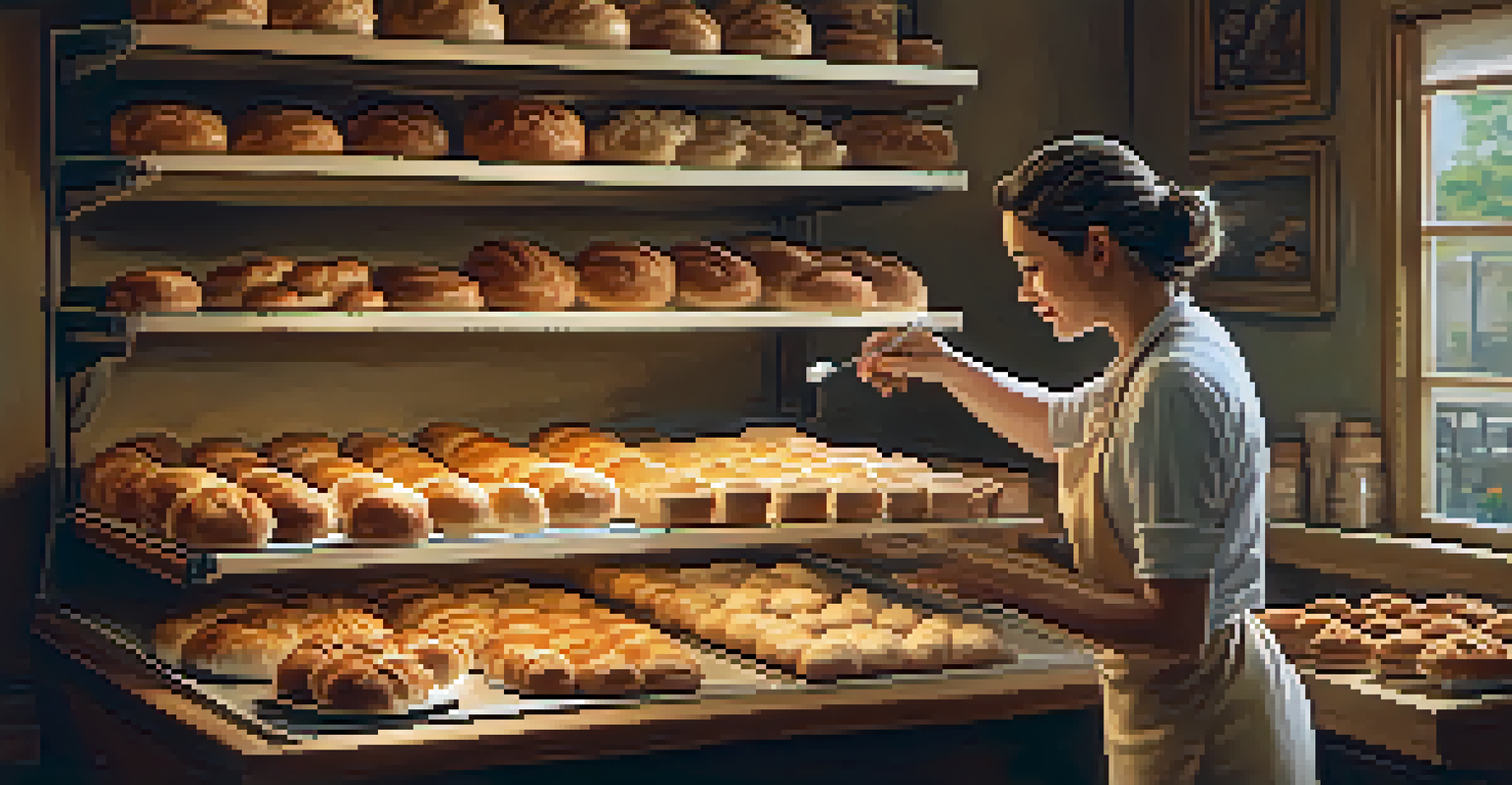 A baker inside a cozy bakery creating pastries, with fresh baked goods displayed and warm natural light illuminating the scene.