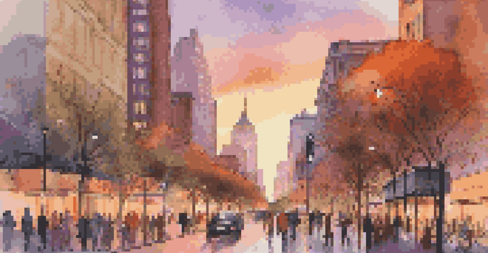 A city skyline at sunset with modern and historic buildings, a busy street filled with people, and illuminated trees.