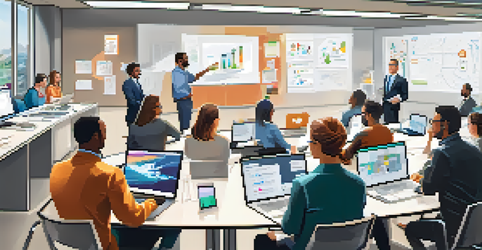 A diverse team in a bright office participating in a crisis communication training session, using laptops and discussing strategies.