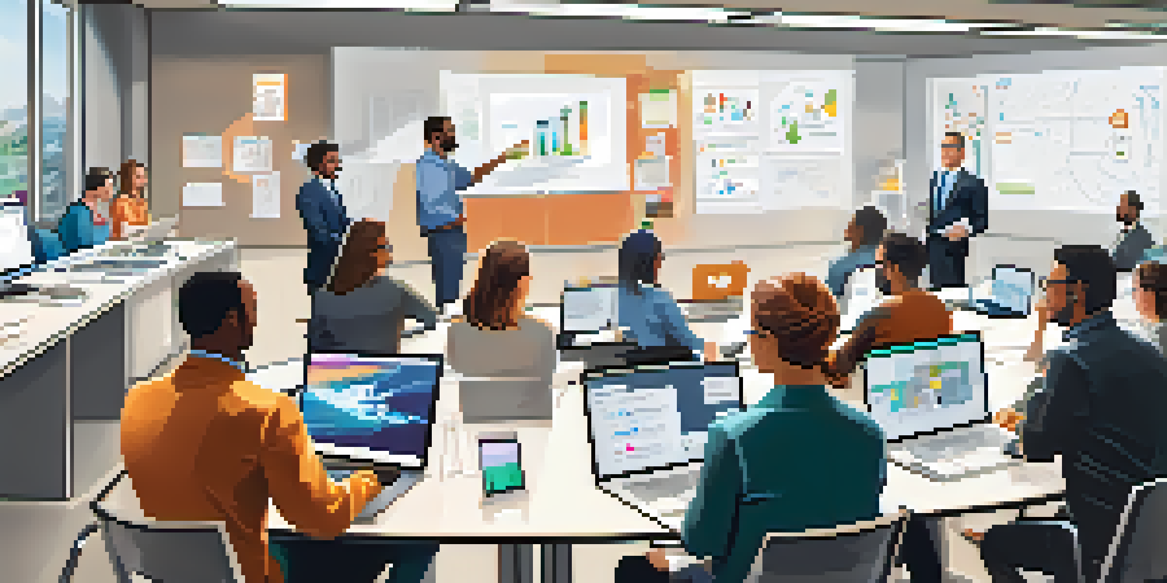 A diverse team in a bright office participating in a crisis communication training session, using laptops and discussing strategies.