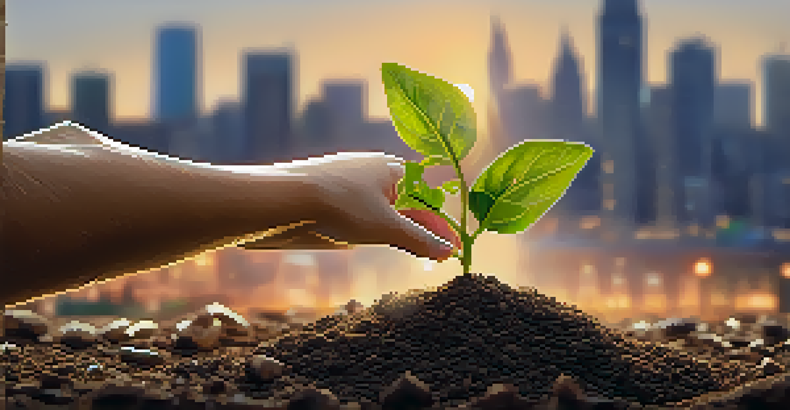 A hand holding a small seedling with a blurred city skyline in the background.