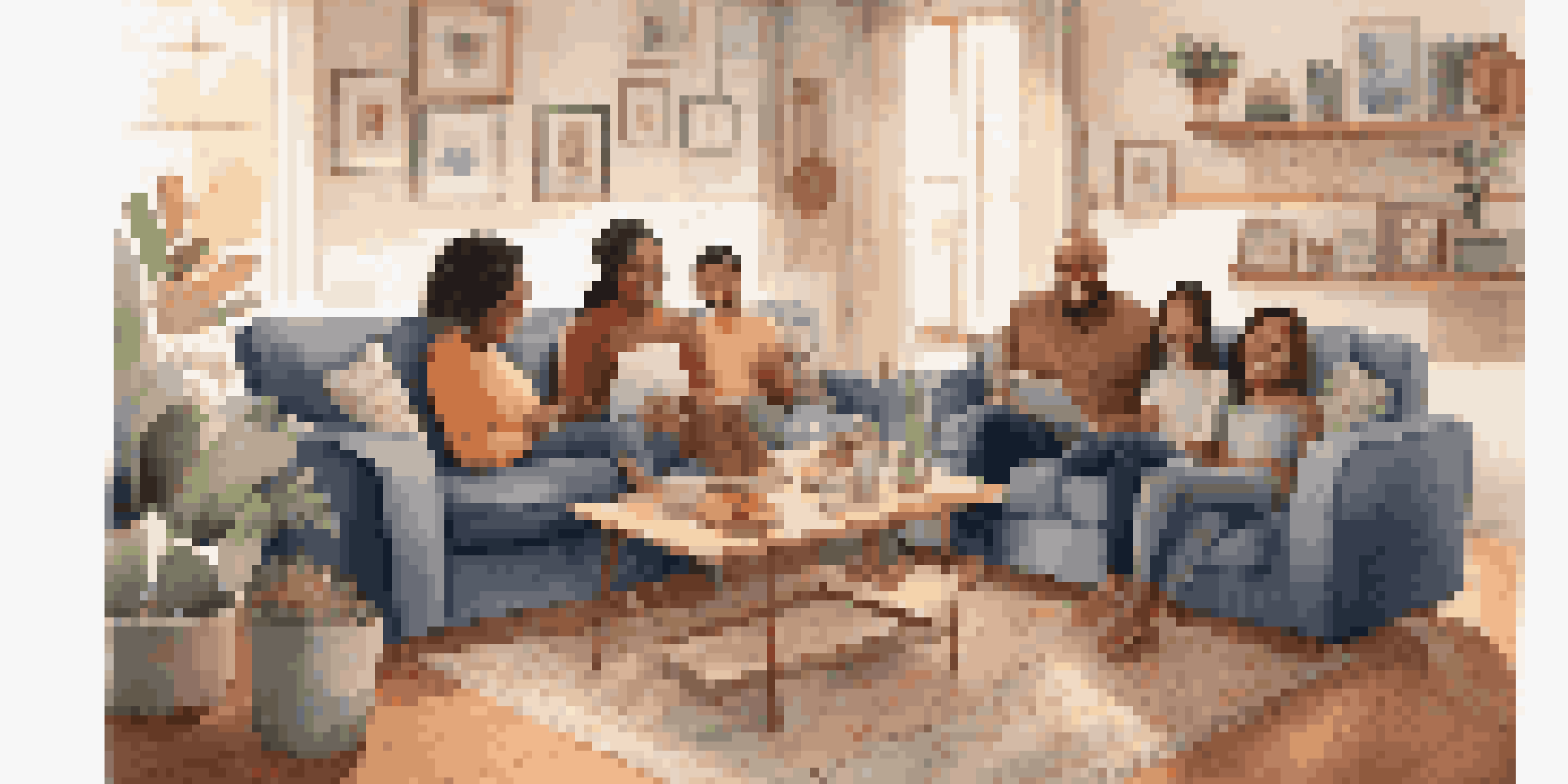 A diverse family enjoying time together in a warmly lit living room, sitting on a couch with a tablet.