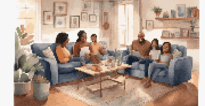 A diverse family enjoying time together in a warmly lit living room, sitting on a couch with a tablet.