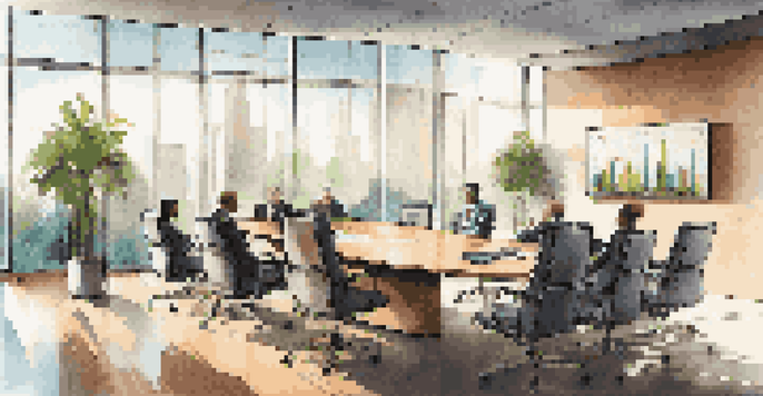 A corporate boardroom with professionals discussing in a bright, modern setting.