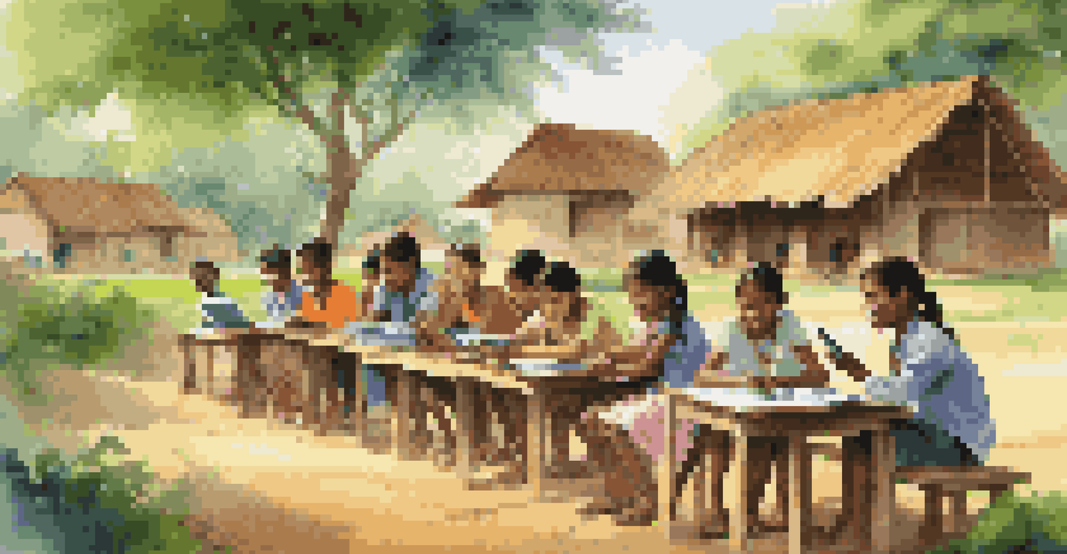 Children in a rural village learning about technology in an open-air classroom, surrounded by greenery and traditional huts.