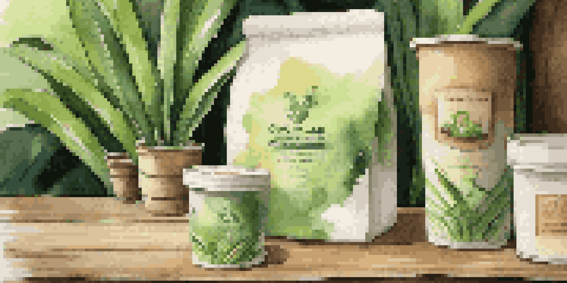Close-up of biodegradable packaging products on a rustic wooden table, surrounded by green plants.