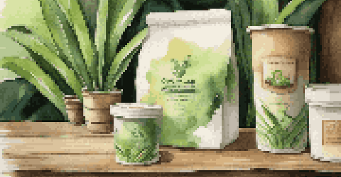 Close-up of biodegradable packaging products on a rustic wooden table, surrounded by green plants.