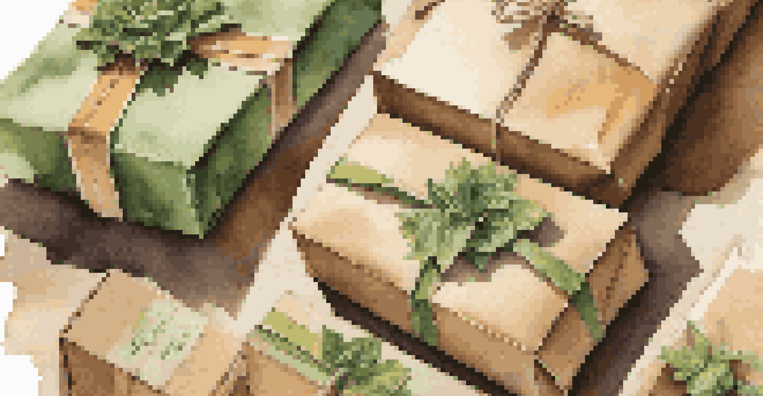 A close-up view of eco-friendly packaging materials arranged on a wooden surface with warm lighting.