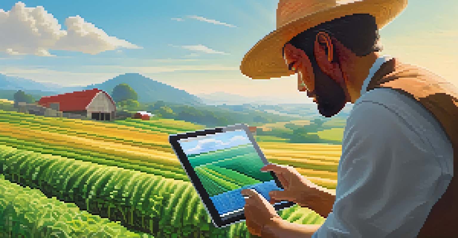 A farmer on a sustainable farm using a tablet to track crops, surrounded by vibrant fields and a clear sky, symbolizing blockchain in agriculture.