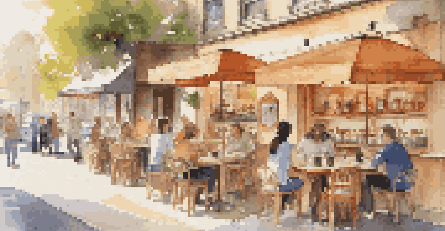 An outdoor cafe with wooden tables and a barista serving coffee to customers enjoying a virtual event.