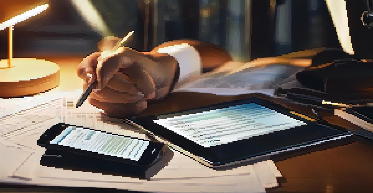 A close-up of a person studying data on a tablet, with financial documents around, illuminated by a warm desk lamp.