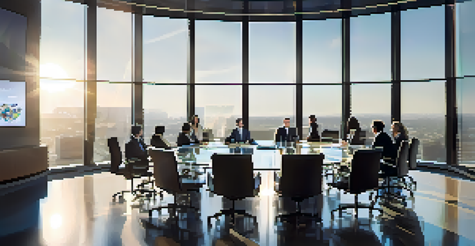 A diverse group of board members in a modern boardroom discussing strategies with charts displayed on a digital screen.