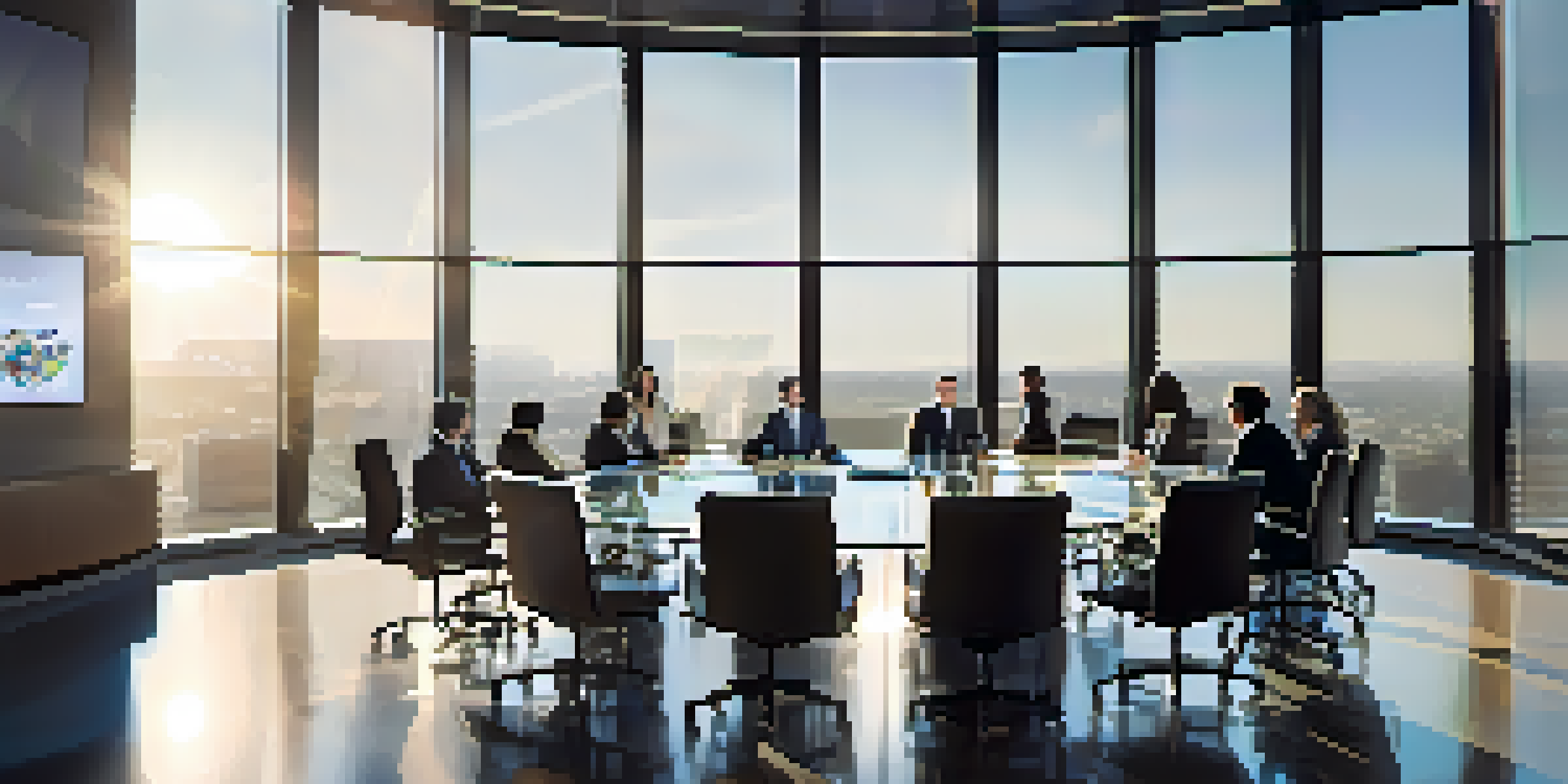 A diverse group of board members in a modern boardroom discussing strategies with charts displayed on a digital screen.