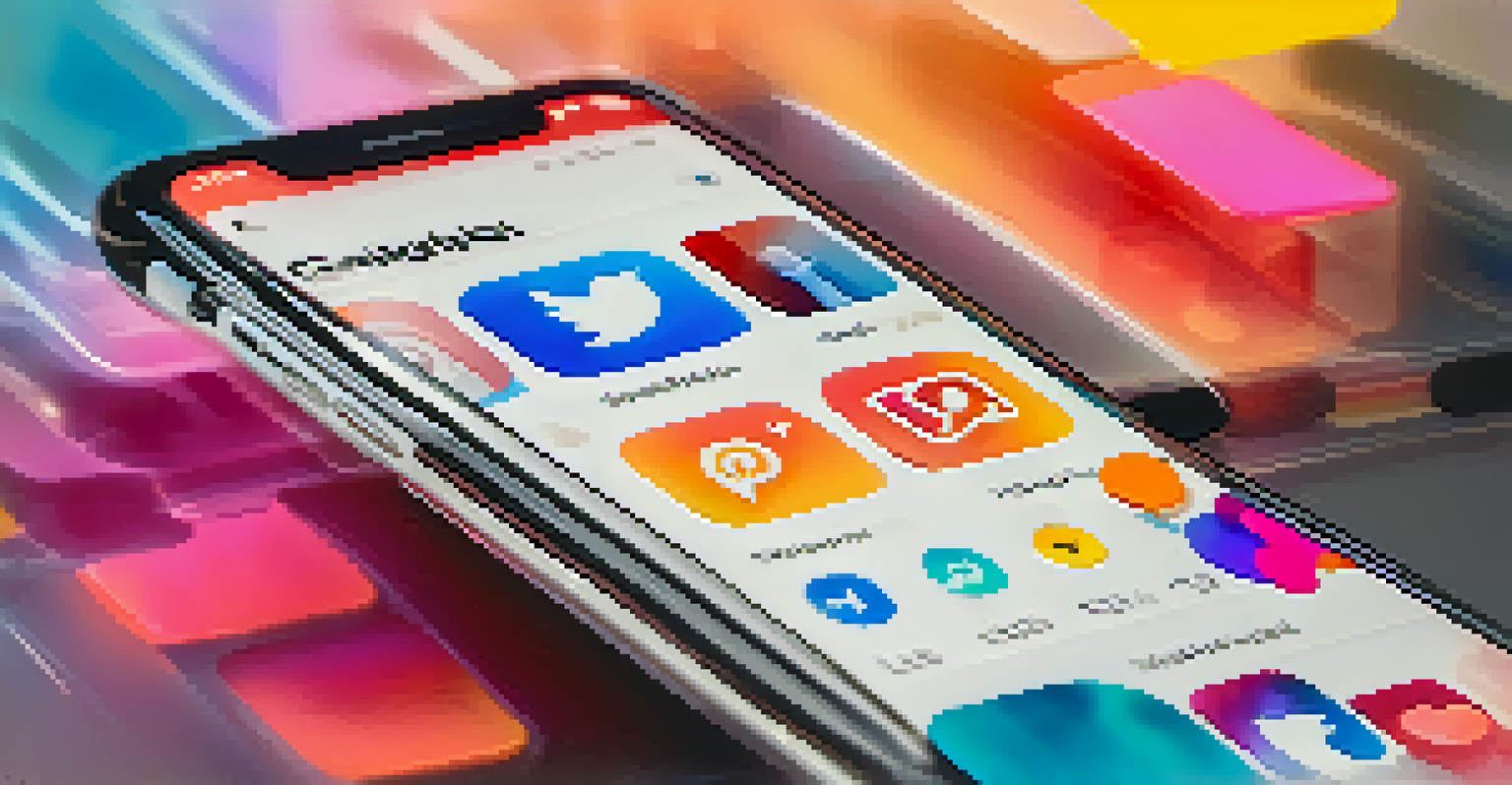 A close-up view of a smartphone showing social media engagement metrics, with colorful notifications of likes and comments in a vibrant workspace.