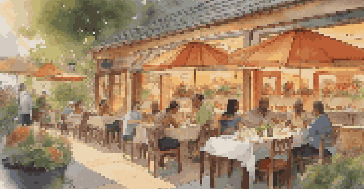 An outdoor restaurant with diverse dishes on the menu, diners enjoying meals, and a warm sunset ambiance.